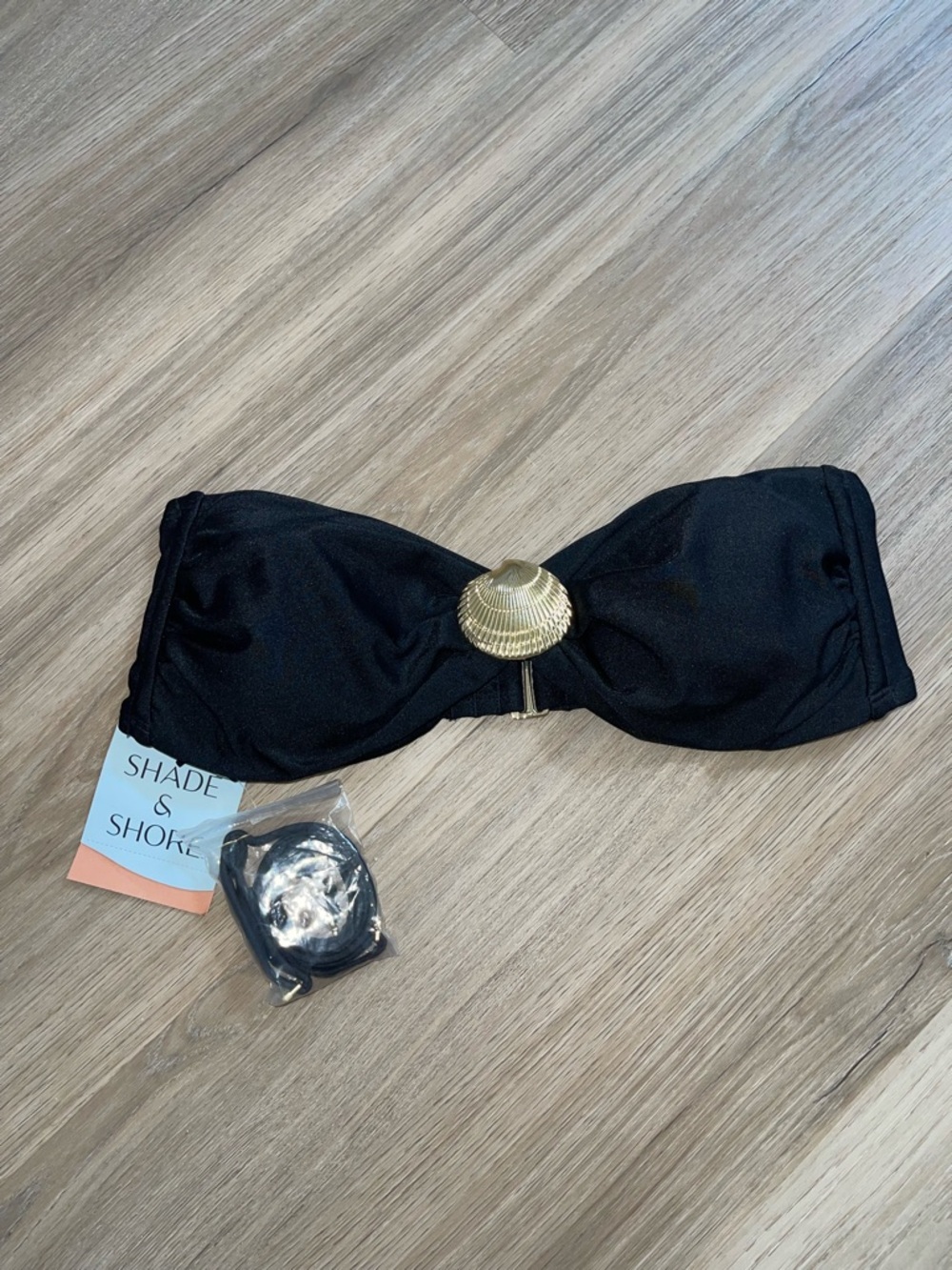 Shade & Shore Black Bandeau Bikini Top with Gold Shell Accent